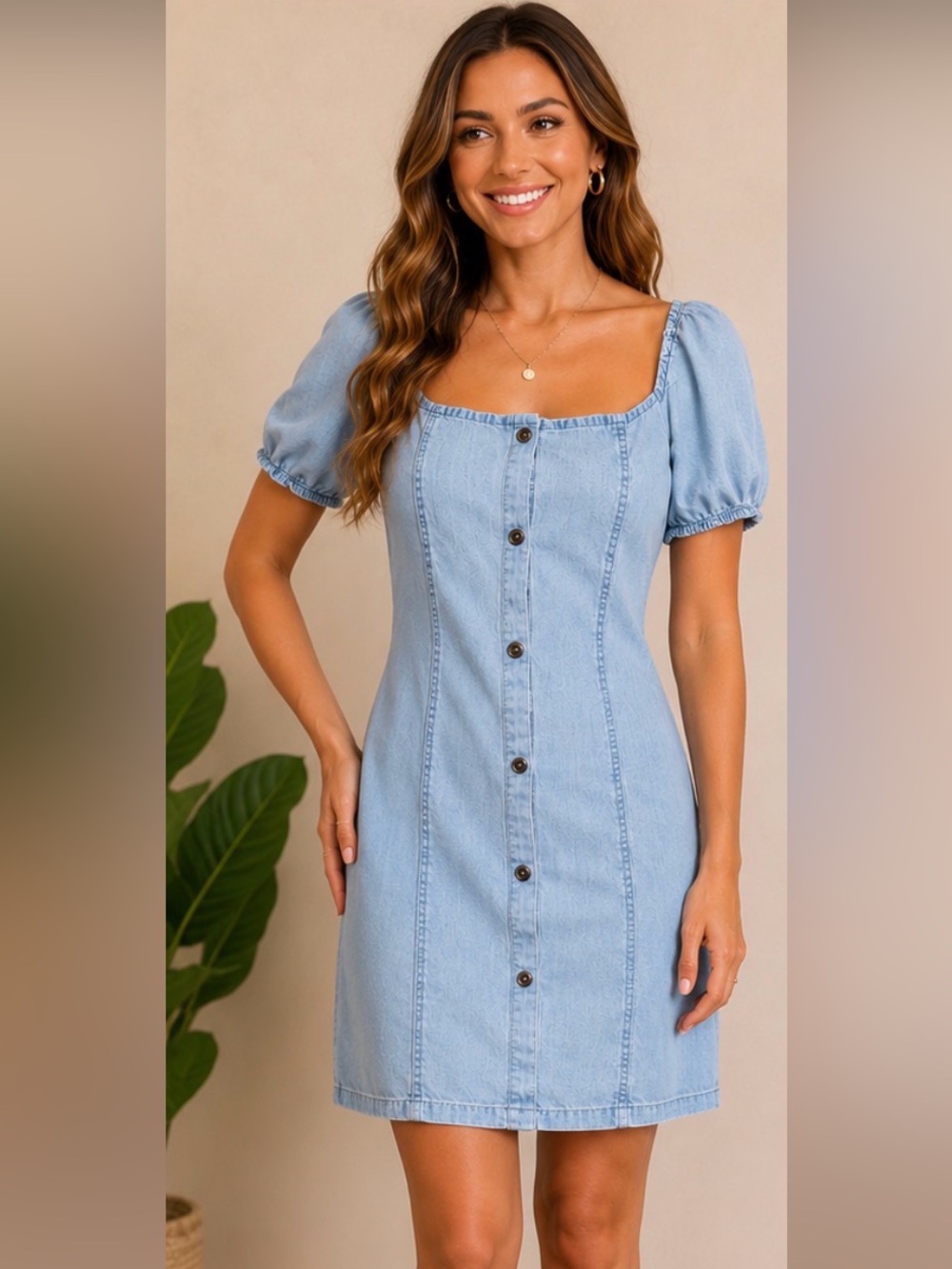 Love Tree Chambray Tencel Square Neck Puff Sleeve Smocked Sheath Dress L Western